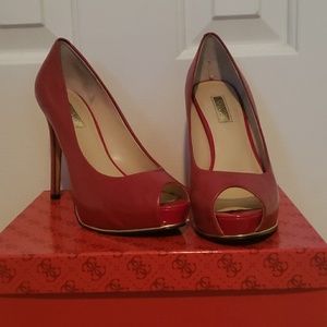 Barely Worn Red Leather Guess Peep Toe Heels 👠